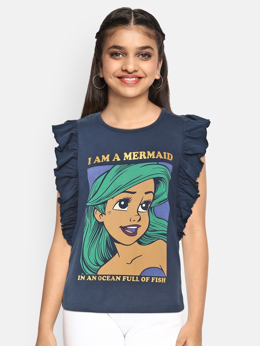

YK Disney Girls Navy Blue Pure Cotton Ariel Print Flutter Sleeve Regular Top