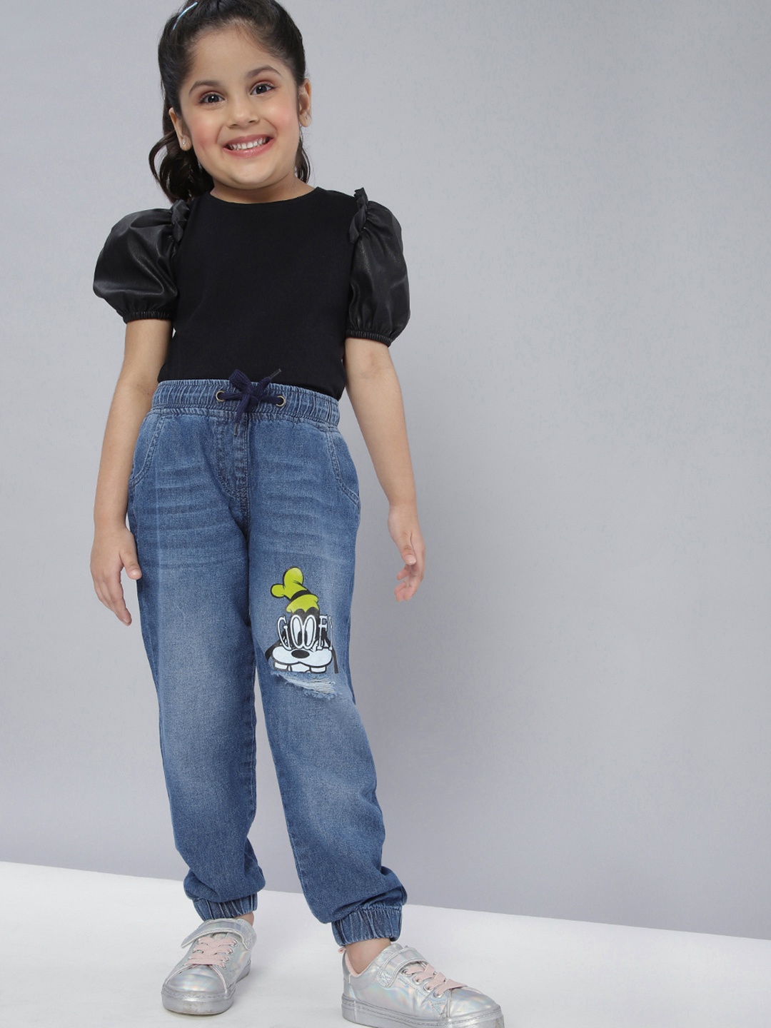 

YK Disney Girls Blue Cotton Faded Denim Joggers with Goofy Print Detail