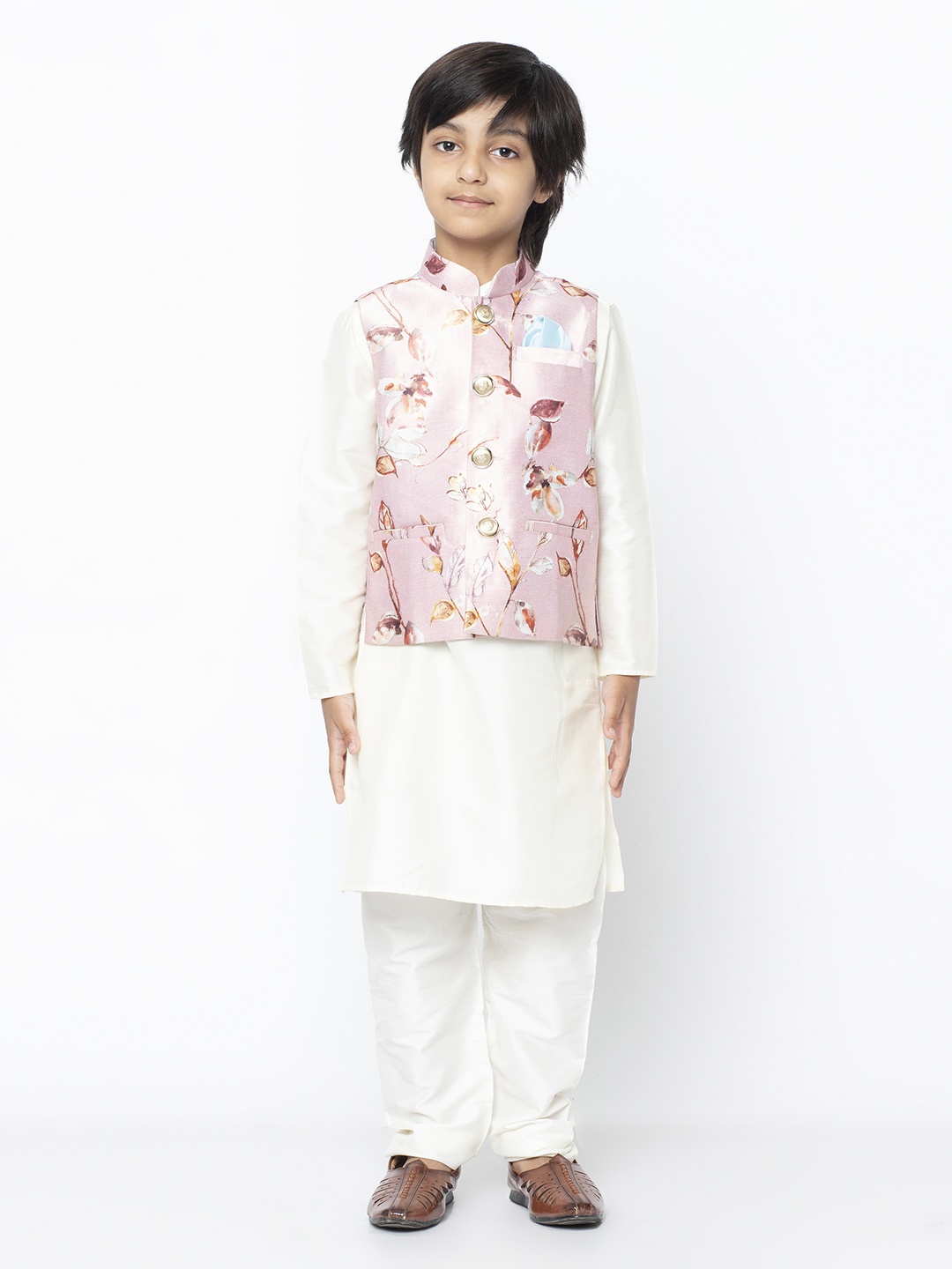 

KISAH Boys Mandarin Collar Kurta with Pyjamas & Printed Nehru Jacket, White