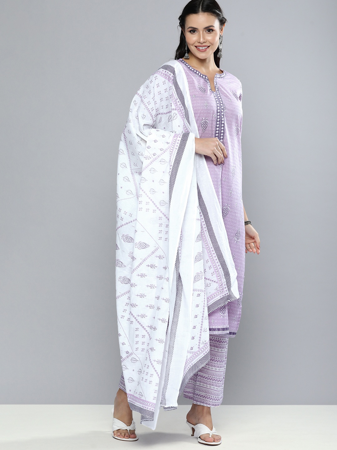

Vishudh Women Lavender & White Printed Kurta with Palazzos & Dupatta