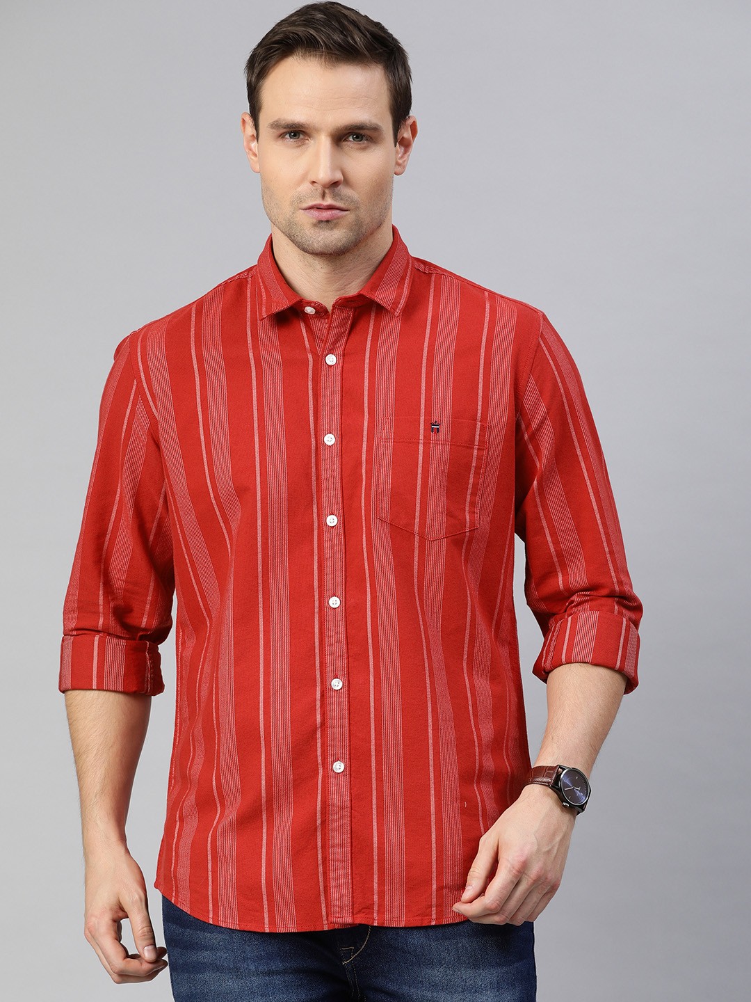 

Louis Philippe Jeans Men Coral Red & Off-White Slim Fit Striped Cotton Casual Shirt