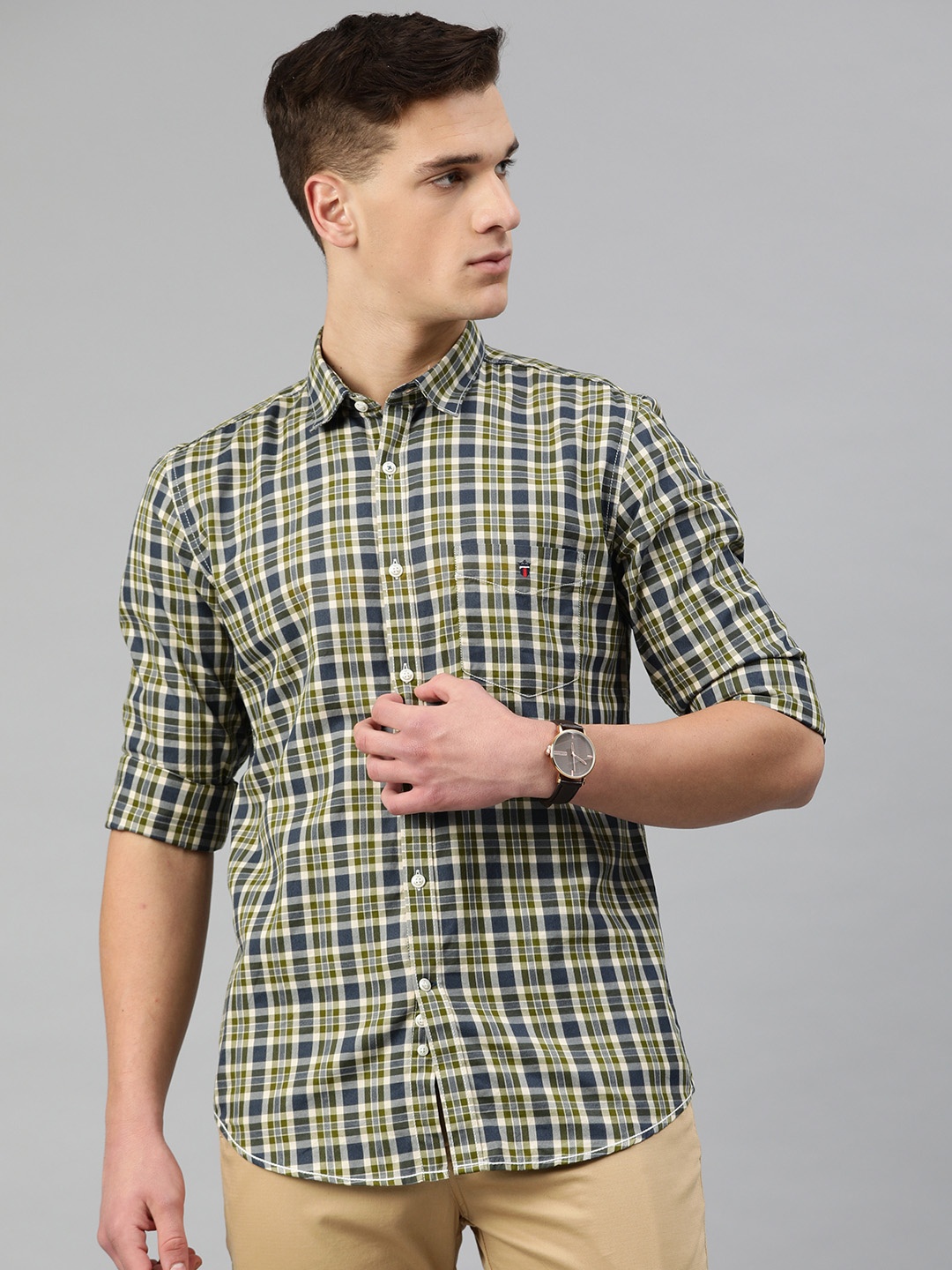 

Louis Philippe Sport Men Olive Green & Navy Blue Slim Fit Checked Casual Shirt