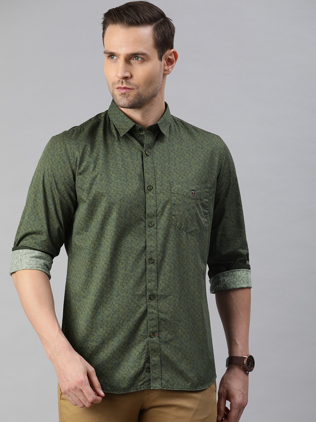 

Louis Philippe Sport Men Olive Green Super Slim Fit Printed Casual Shirt