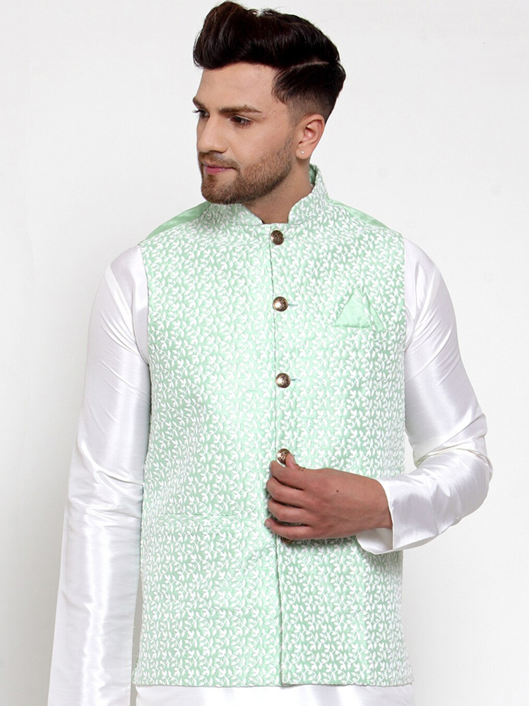 

Jompers Men Green Woven Design Nehru Jacket