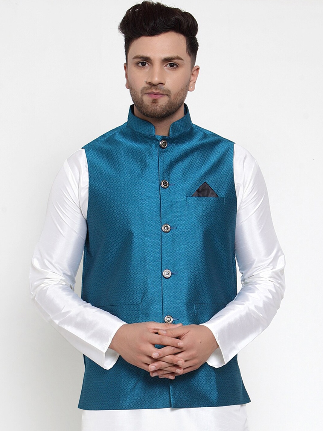 

Jompers Men Blue Woven-Design Nehru Jacket