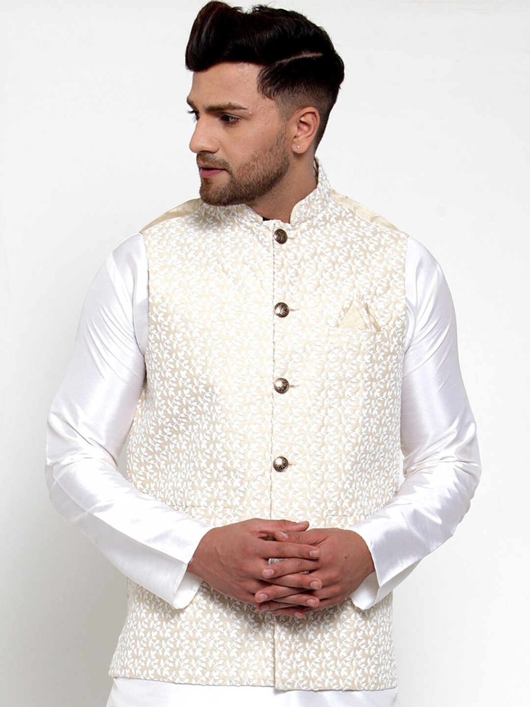

Jompers Men Beige Embroidered Nehru Jacket