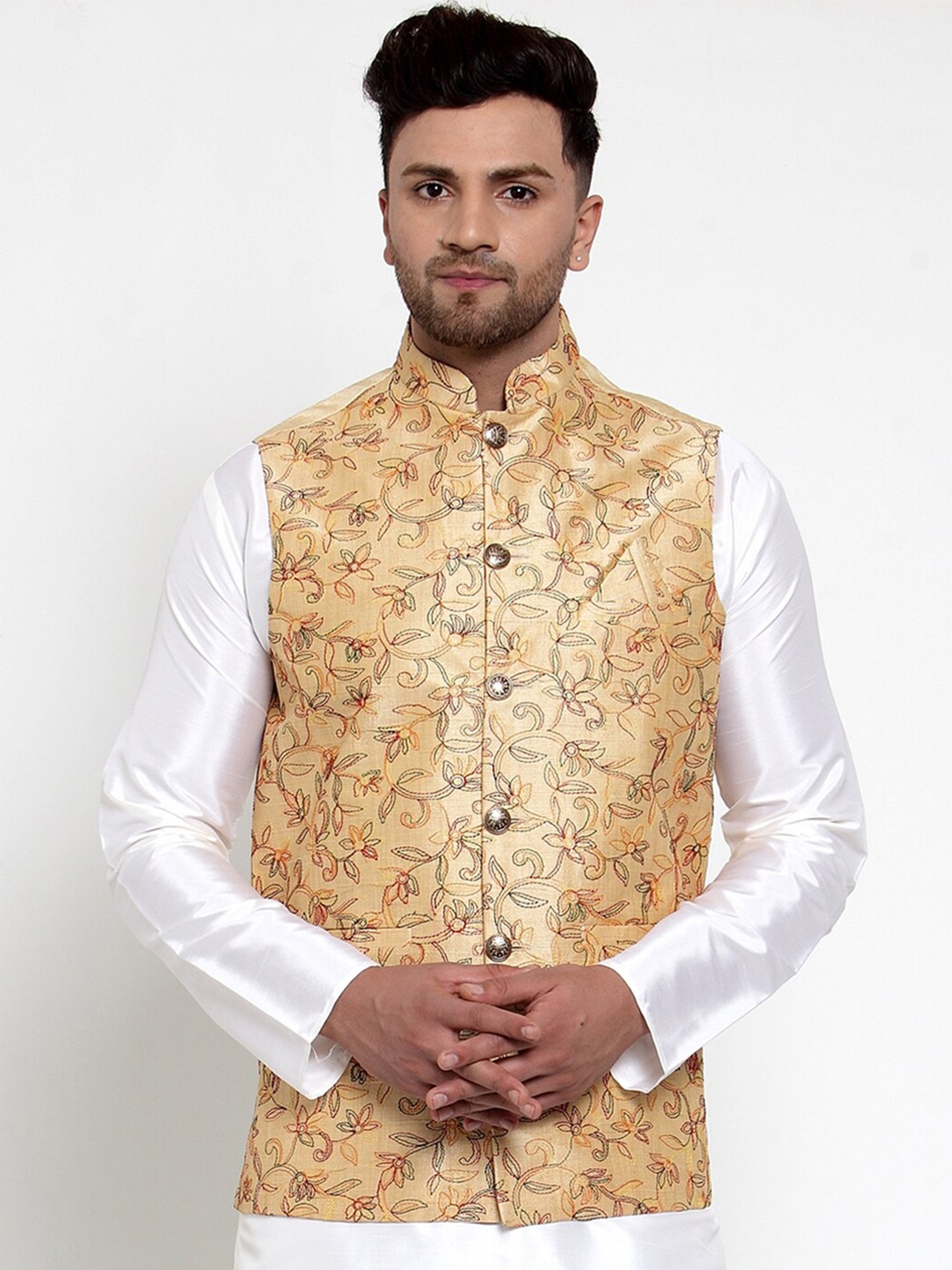 

Jompers Men Gold-Coloured Embroidered Regular Fit Nehru Jacket