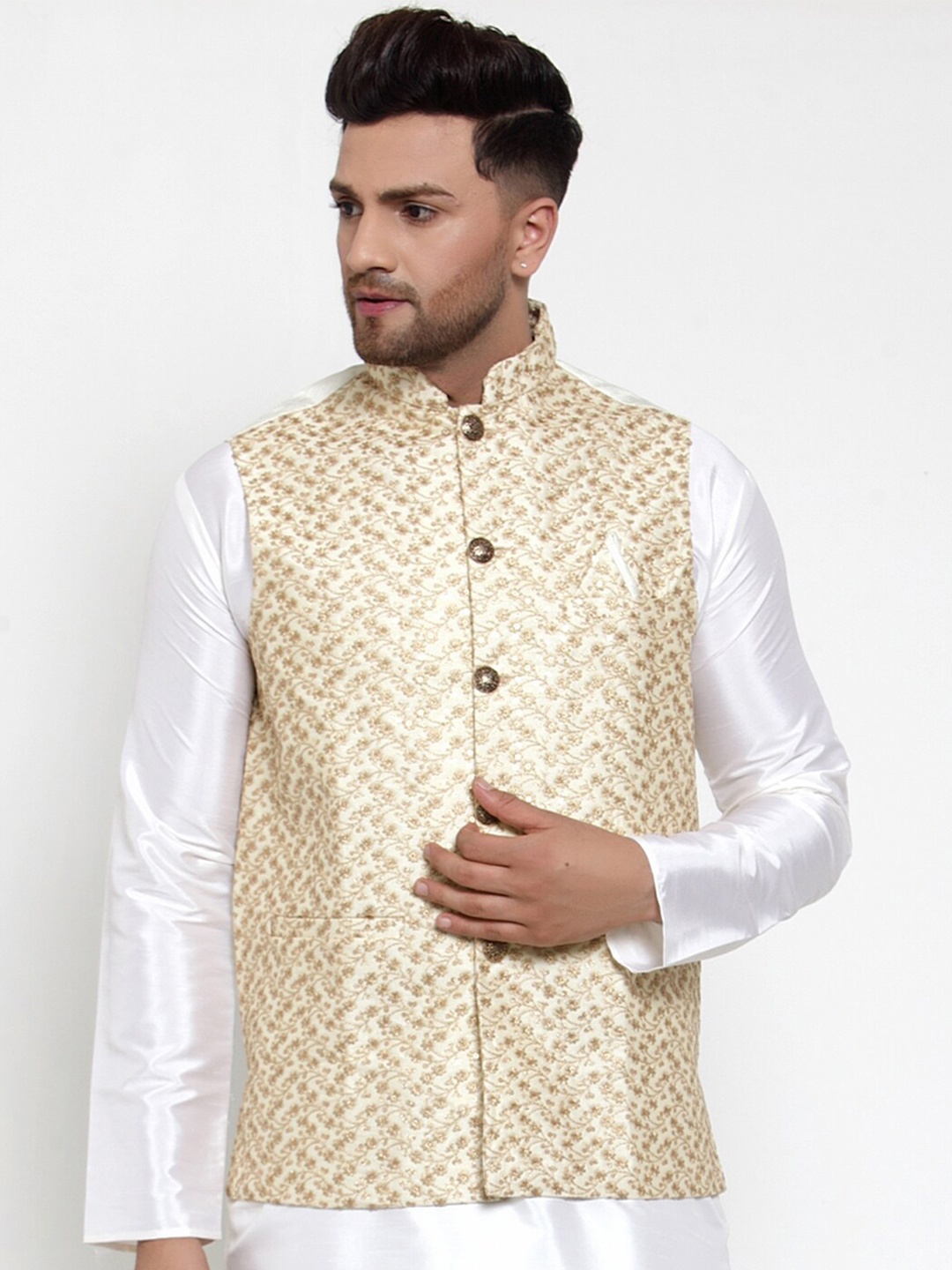 

Jompers Men Cream-Coloured Embroidered Regular Fit Nehru Jacket
