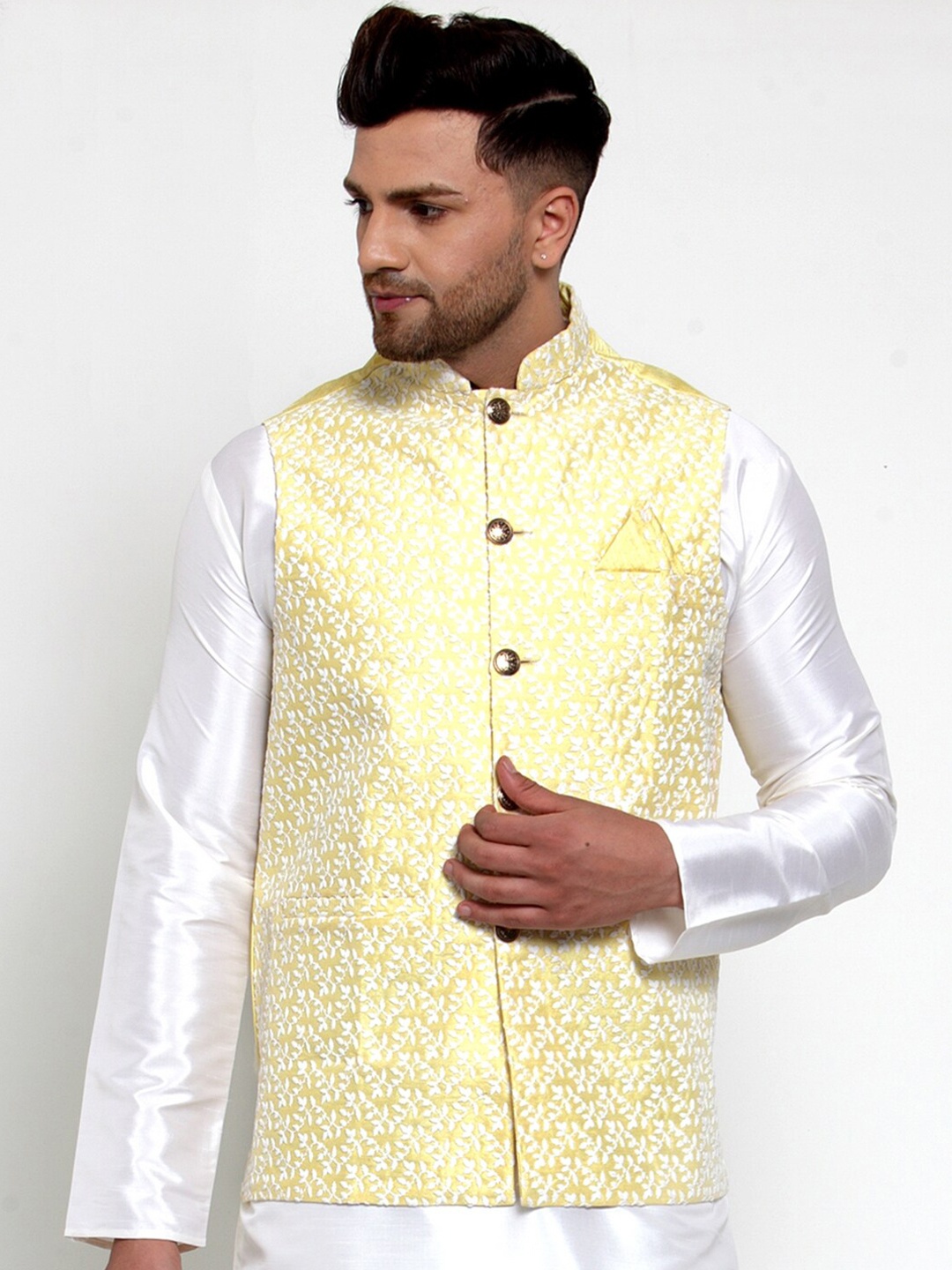

Jompers Men Yellow & White Embellished Nehru Jacket
