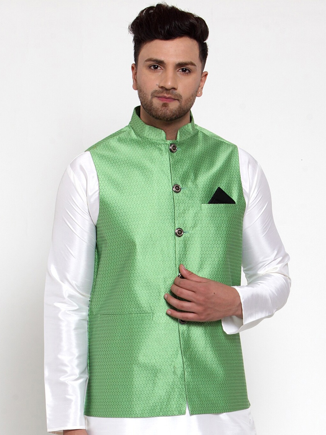 

Jompers Men Green Woven Design Nehru Jacket