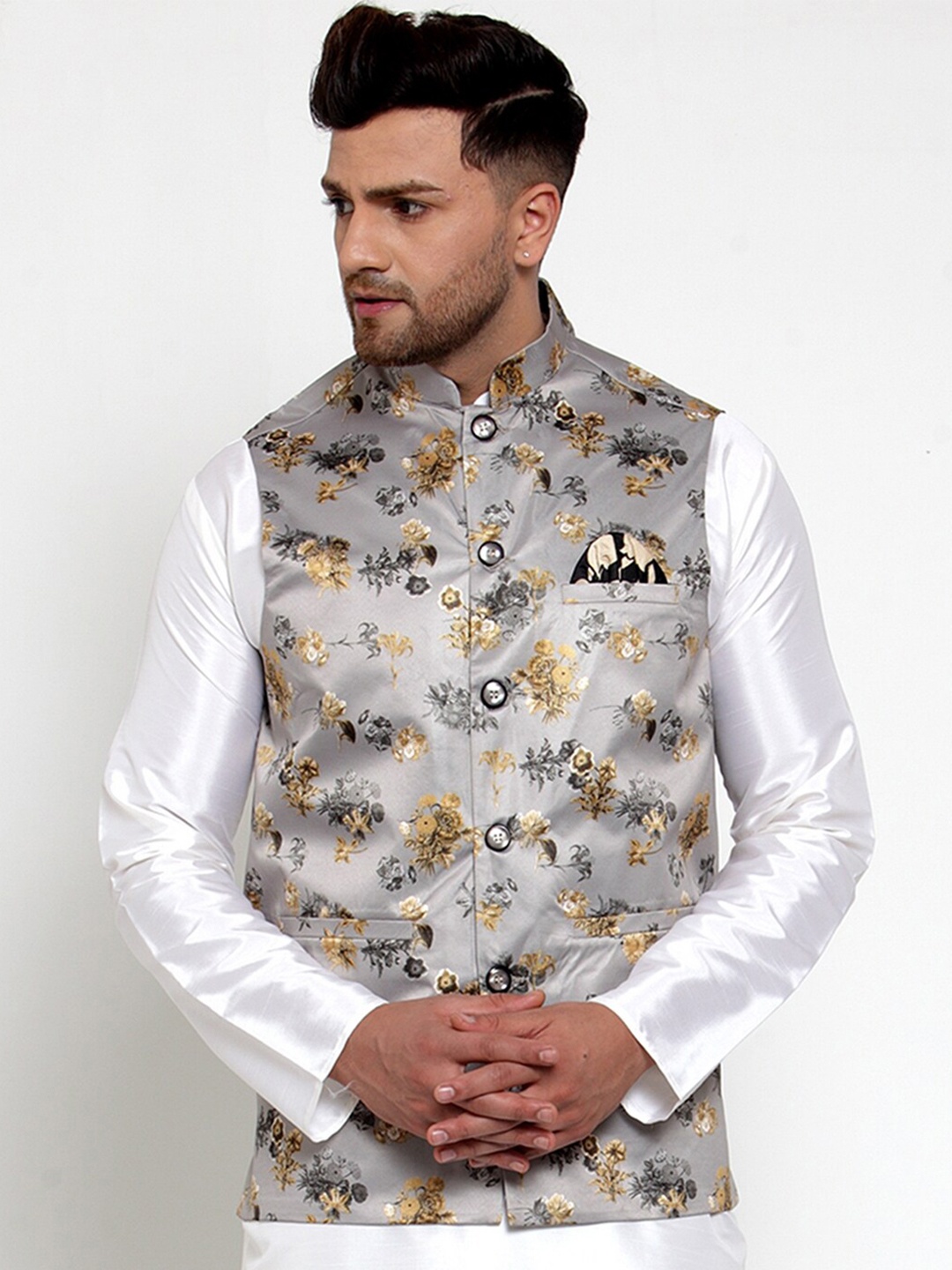 

Jompers Men Grey & Gold-Coloured Printed Nehru Jacket