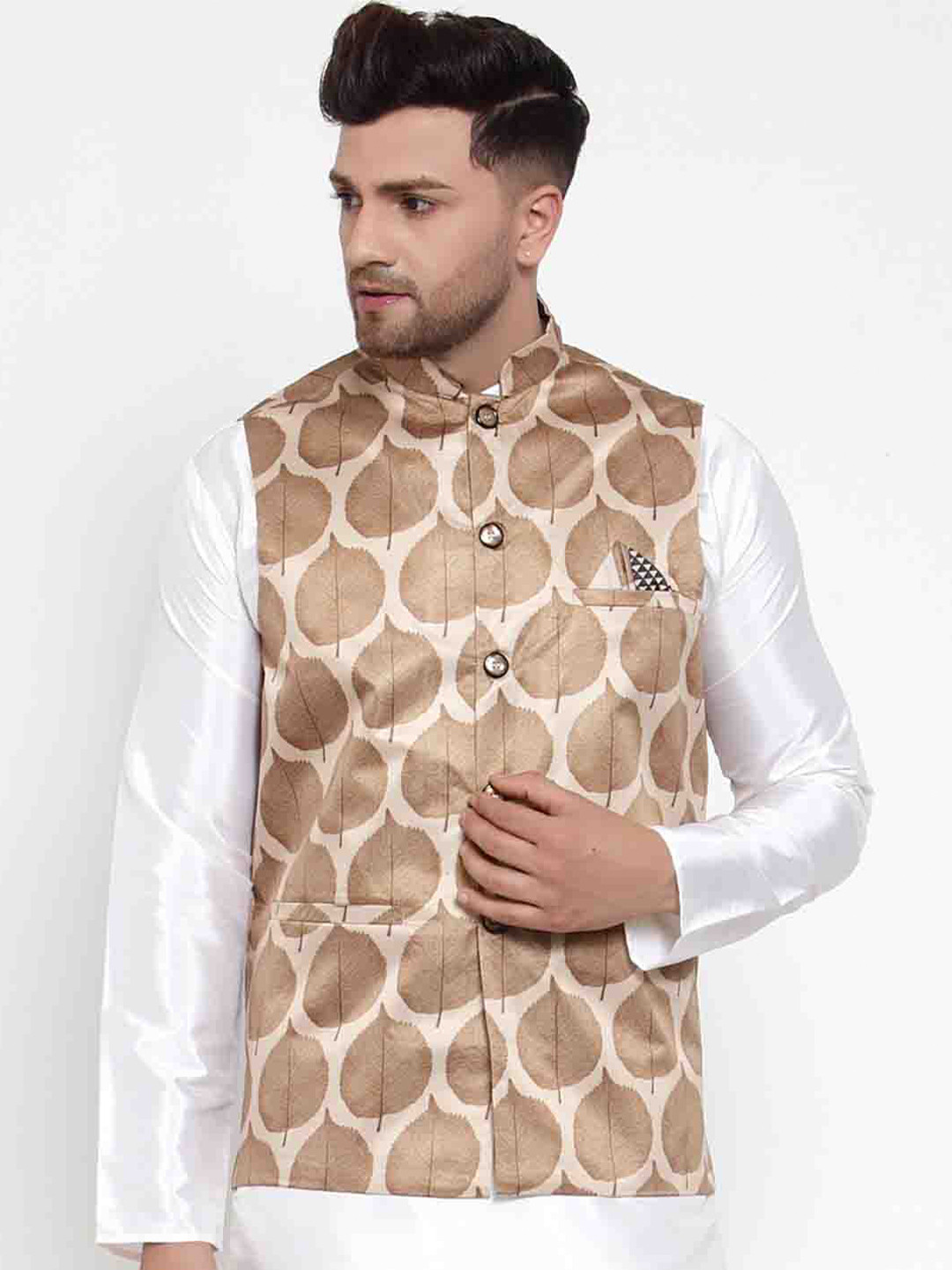 

Jompers Men Brown & Beige Printed Nehru Jacket