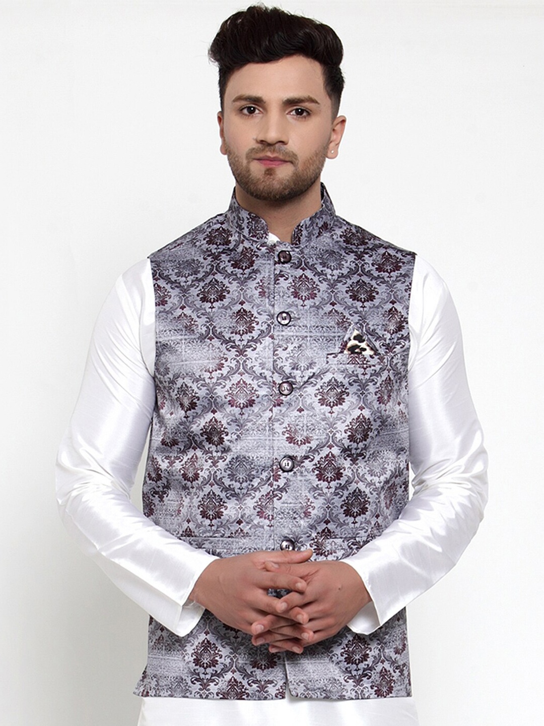 

Jompers Men Grey Printed Regular Fit Nehru Jacket