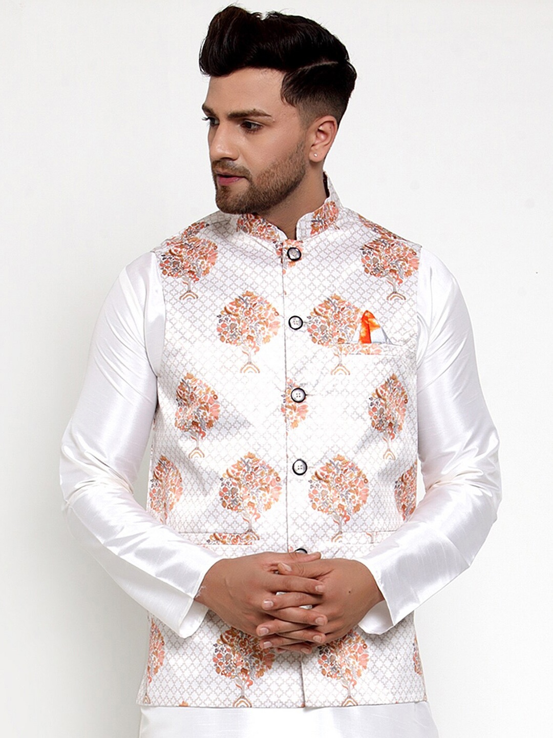 

Jompers Men White & Brown Ethnic Motif Printed Nehru Jacket