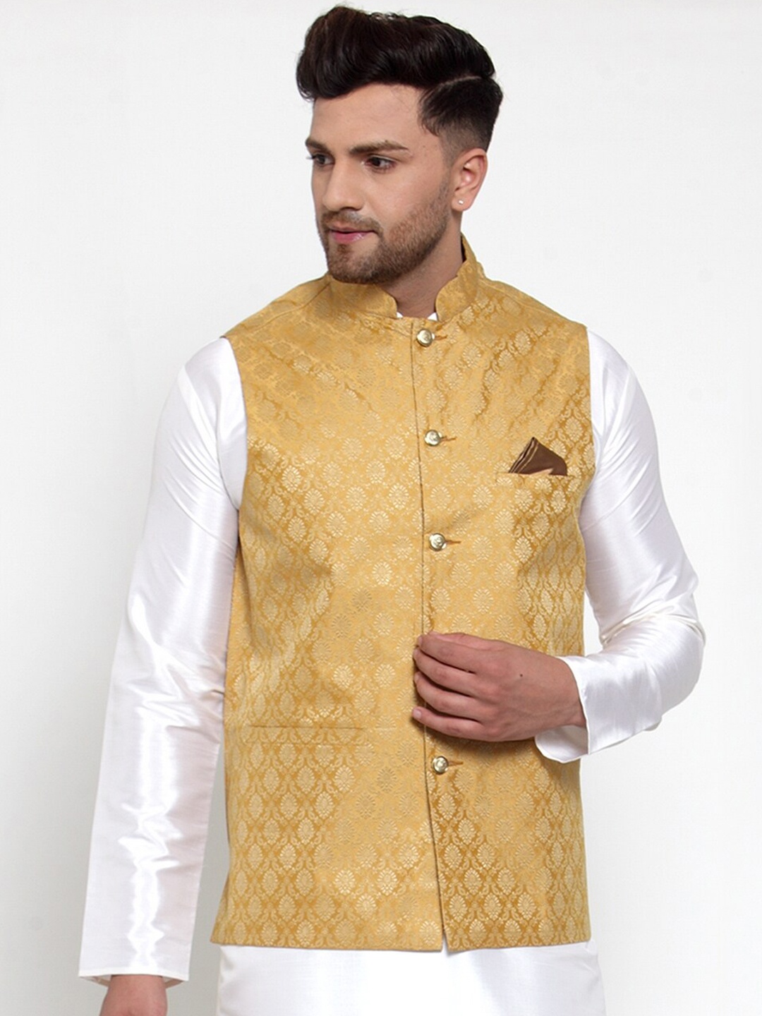 

Jompers Men Gold-Coloured & Beige Woven-Design Nehru Jacket
