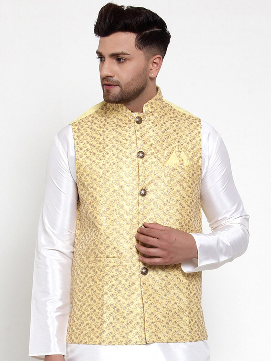 

Jompers Men Yellow & Gold-Coloured Embroidered Woven Nehru Jacket