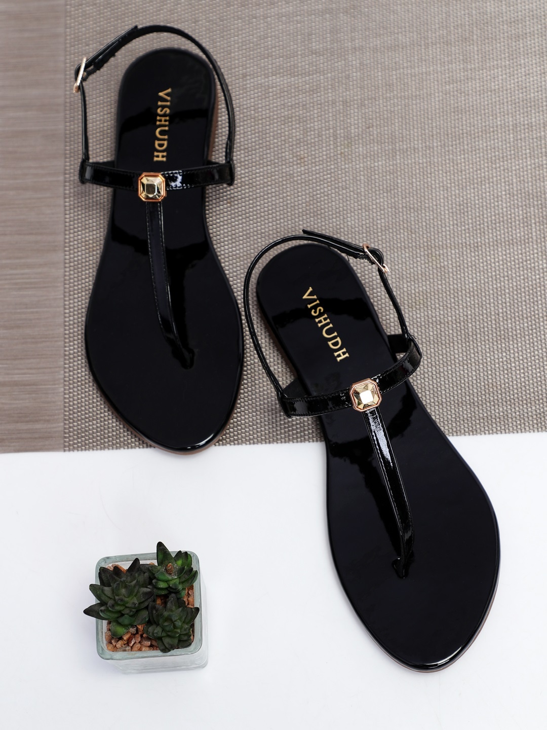 

Vishudh Women Black Embellished Open Toe Flats