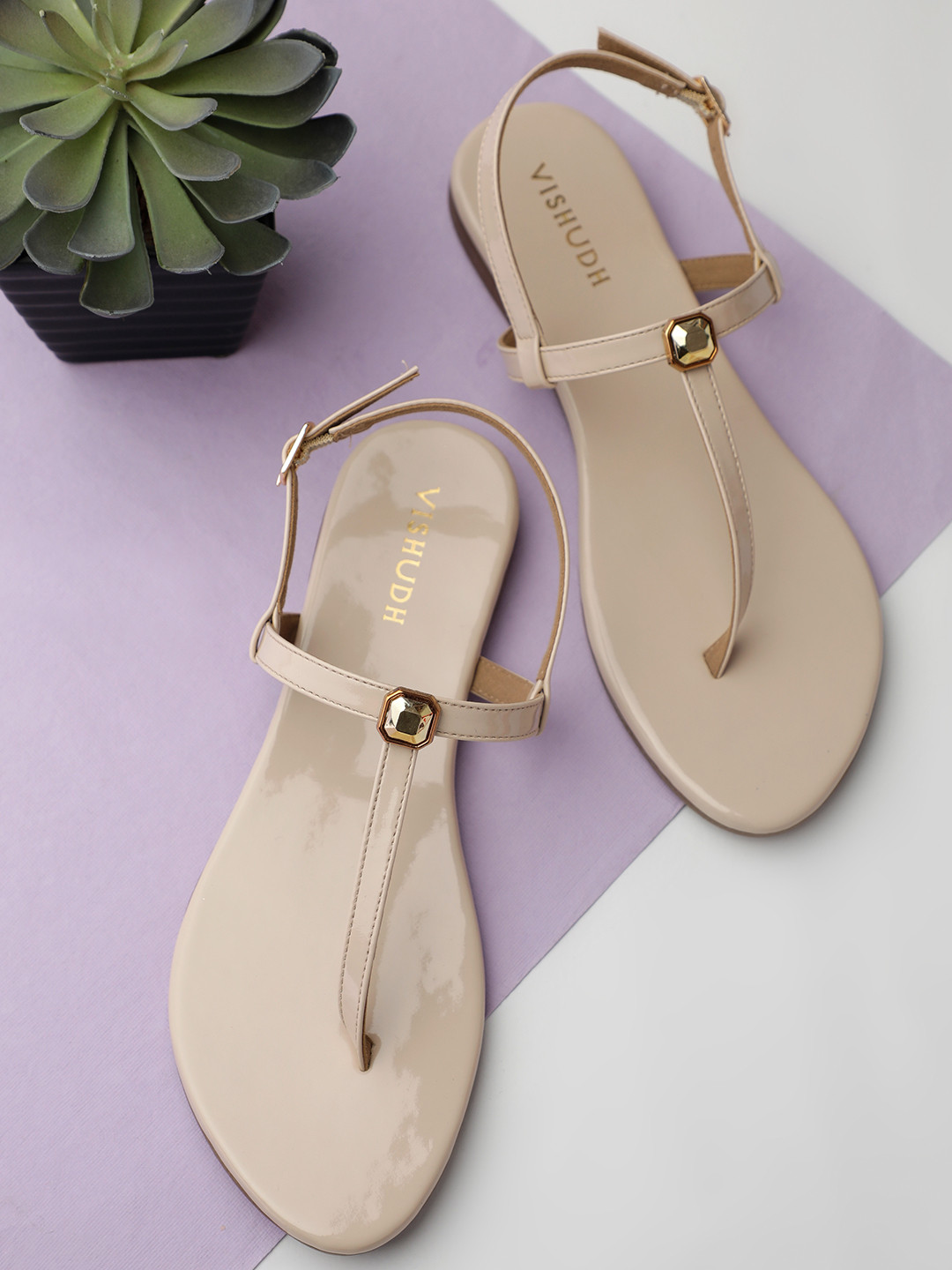 

Vishudh Women Beige Embellished T-Strap Flats