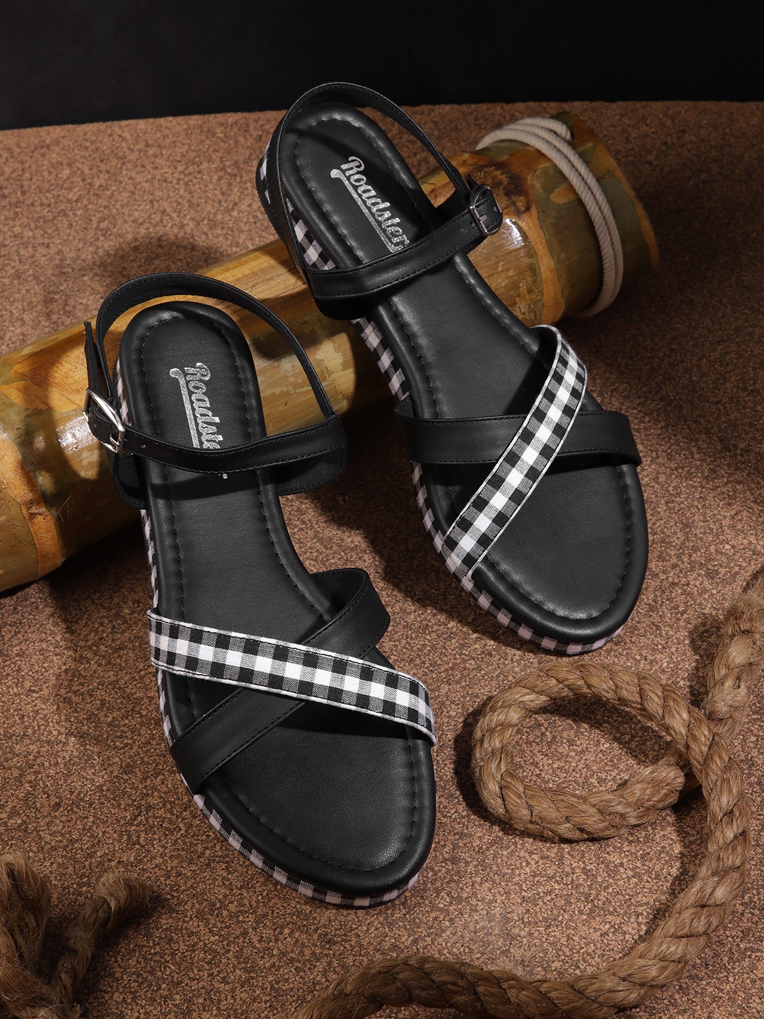 

The Roadster Lifestyle Co Women Black & White Checked Open Toe Flats