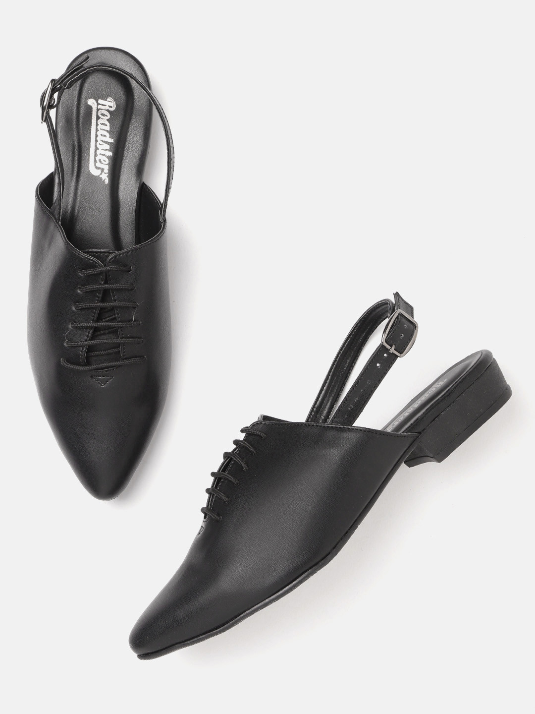 

The Roadster Lifestyle Co Women Black Solid Mules with Lace-Up Detail