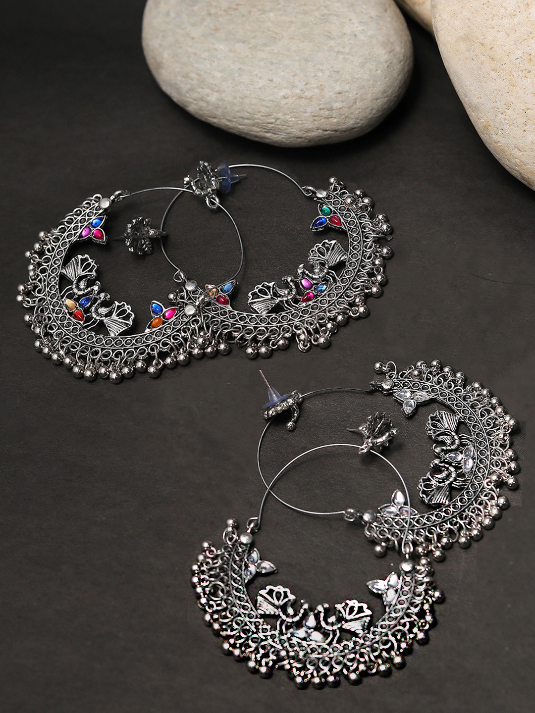 

Yellow Chimes Set of 2 Silver-Toned & White Oxidised Peacock Shaped Hoop Earrings