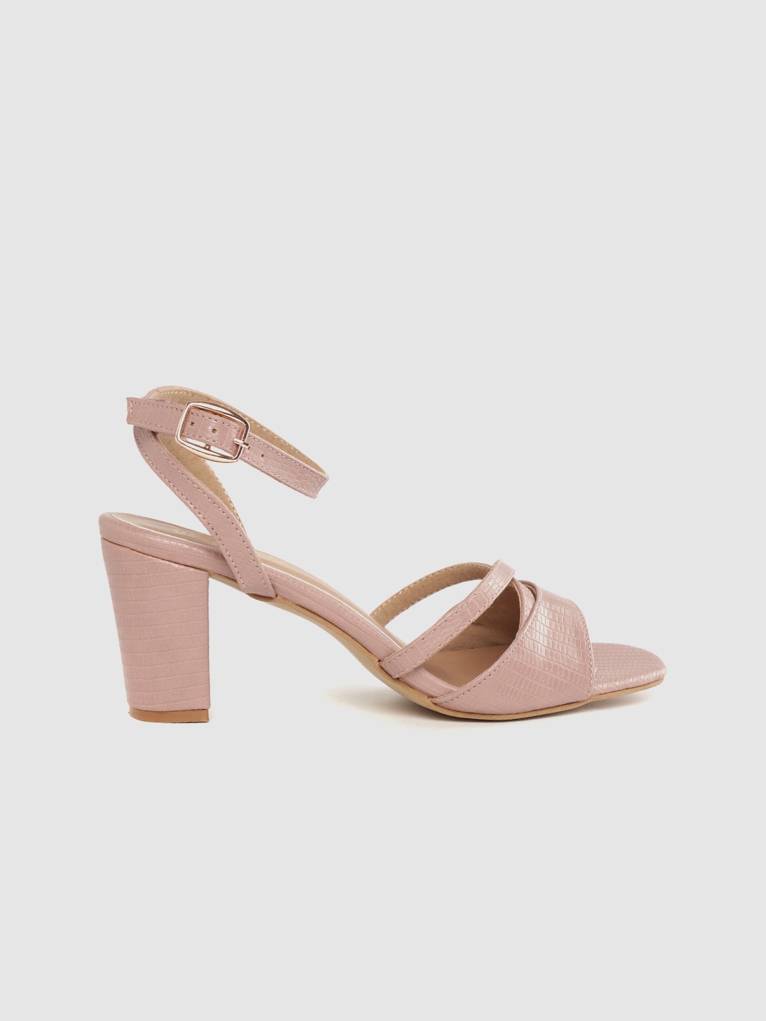 

The Roadster Lifestyle Co Women Peach-Coloured Snakeskin Textured Mid-Top Block Heels