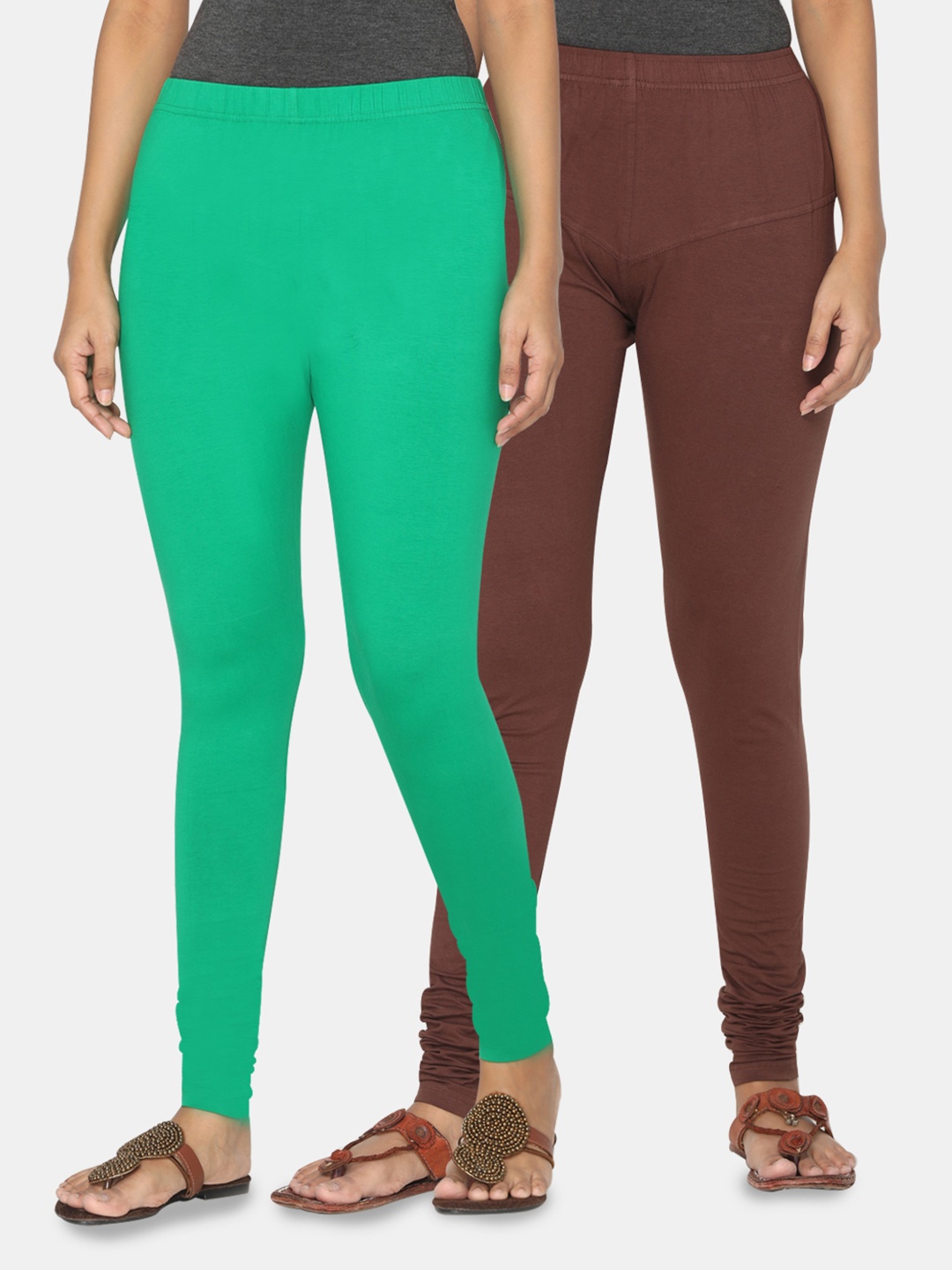 

TSG Bliss Women Pack Of 2 Green & Brown Solid Churidar-Length Leggings