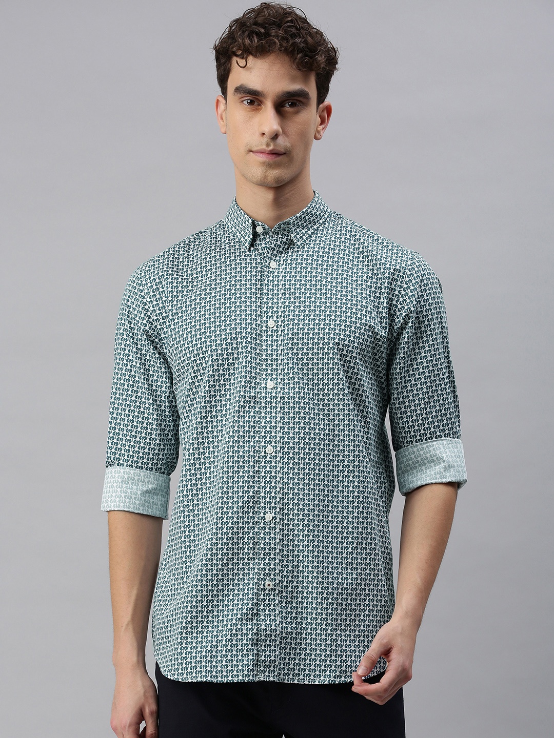 

Jack & Jones Men Green & White Slim Fit Printed Casual Shirt