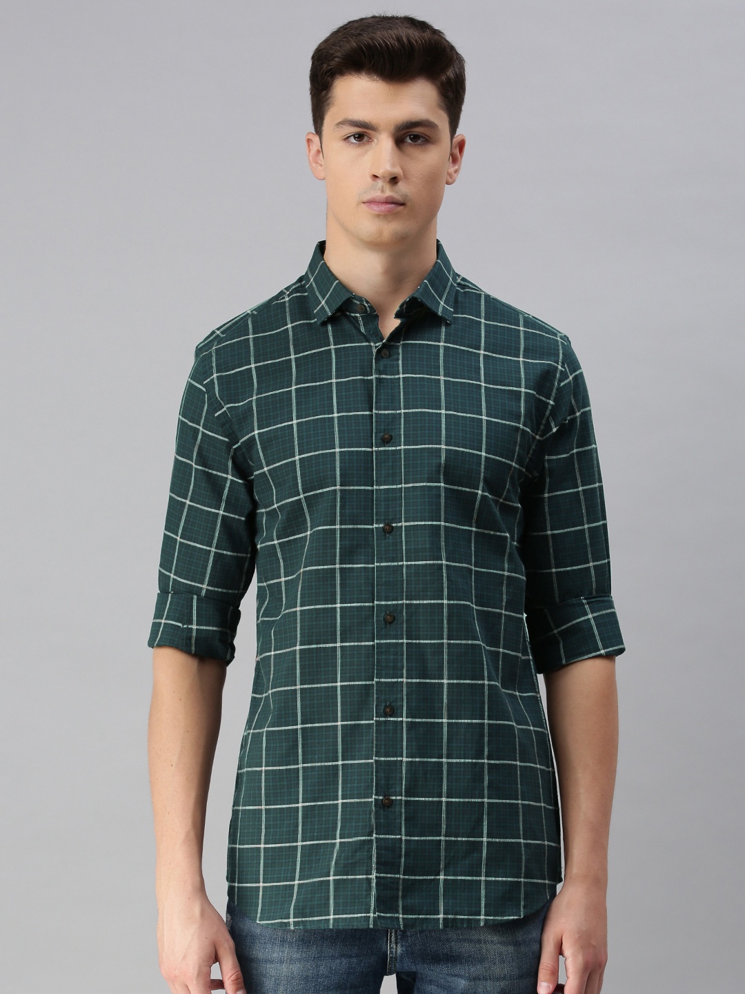 

Jack & Jones Men Green & Cream-Coloured Regular Fit Checked Casual Shirt