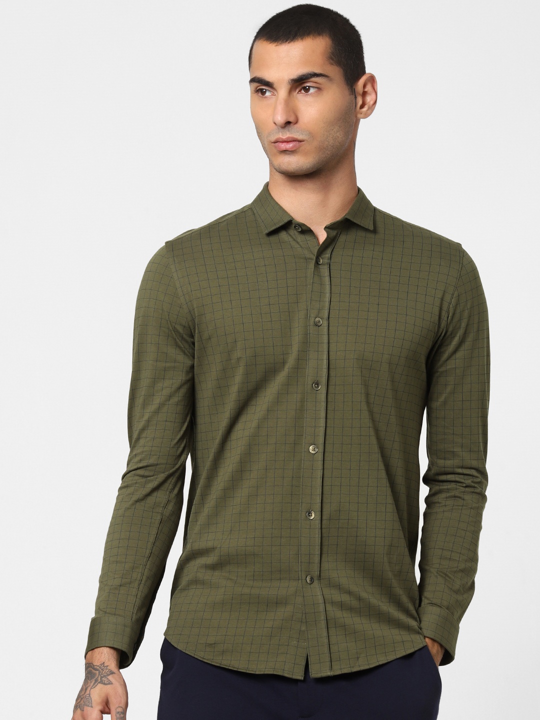 

Jack & Jones Men Green & Black Slim Fit Checked Casual Shirt