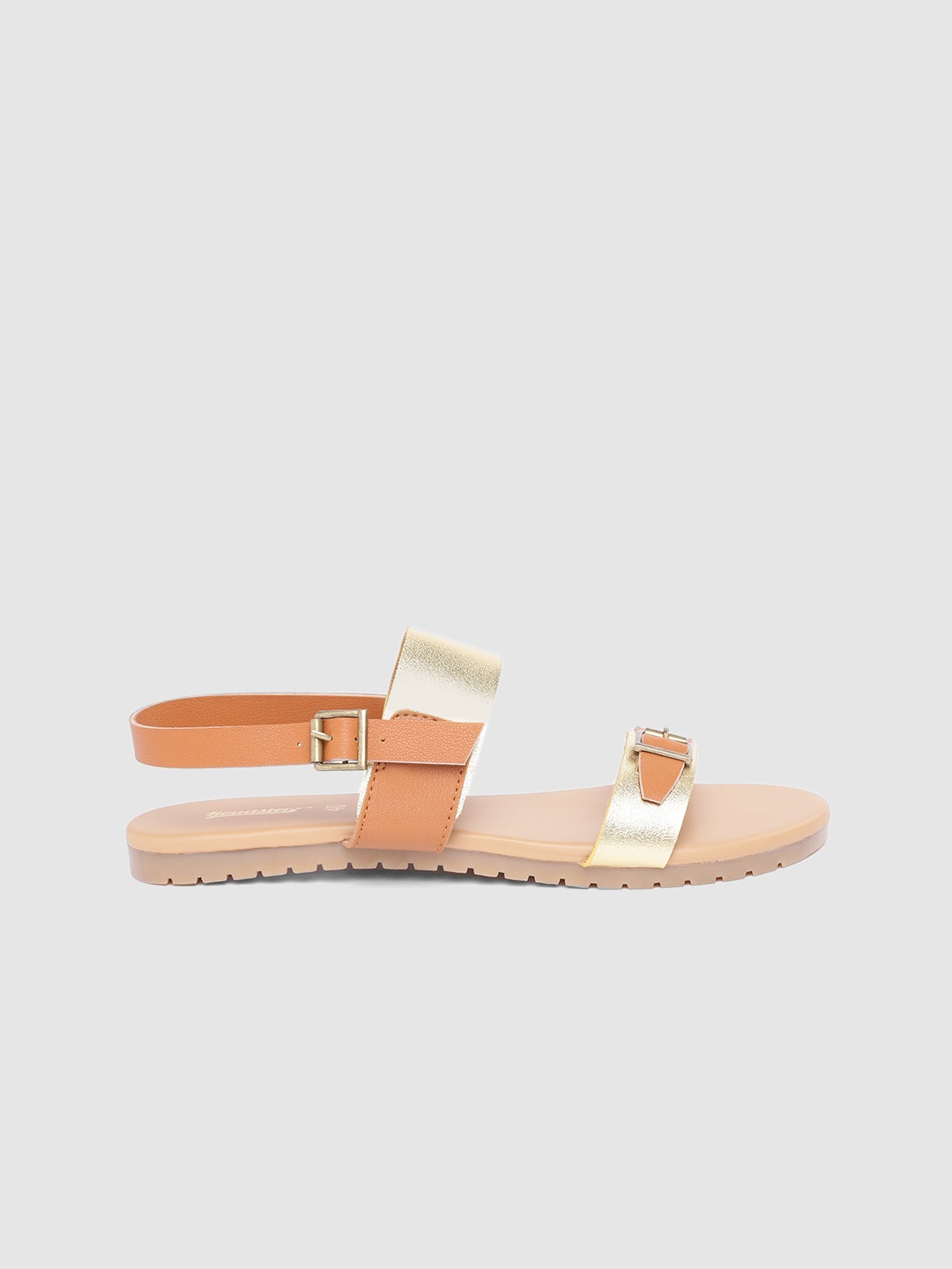 

The Roadster Lifestyle Co Women Tan Brown & Gold-Toned Colourblocked Open Toe Flats with Buckle Detail