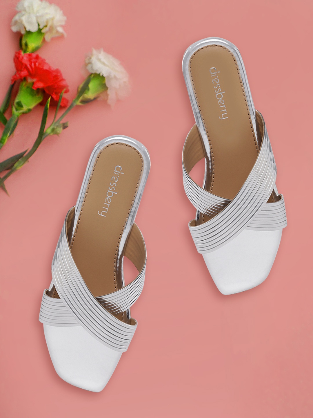 

DressBerry Women Silver-Toned Striped Open Toe Flats