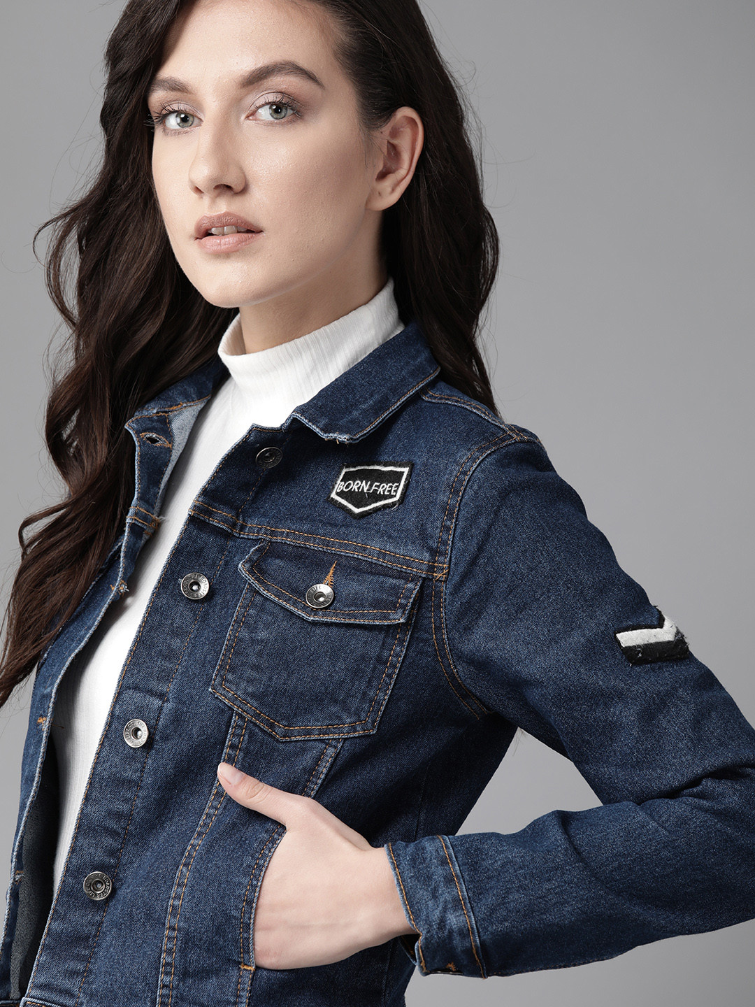

The Roadster Lifestyle Co Women Navy Blue Solid Pure Cotton Denim Jacket