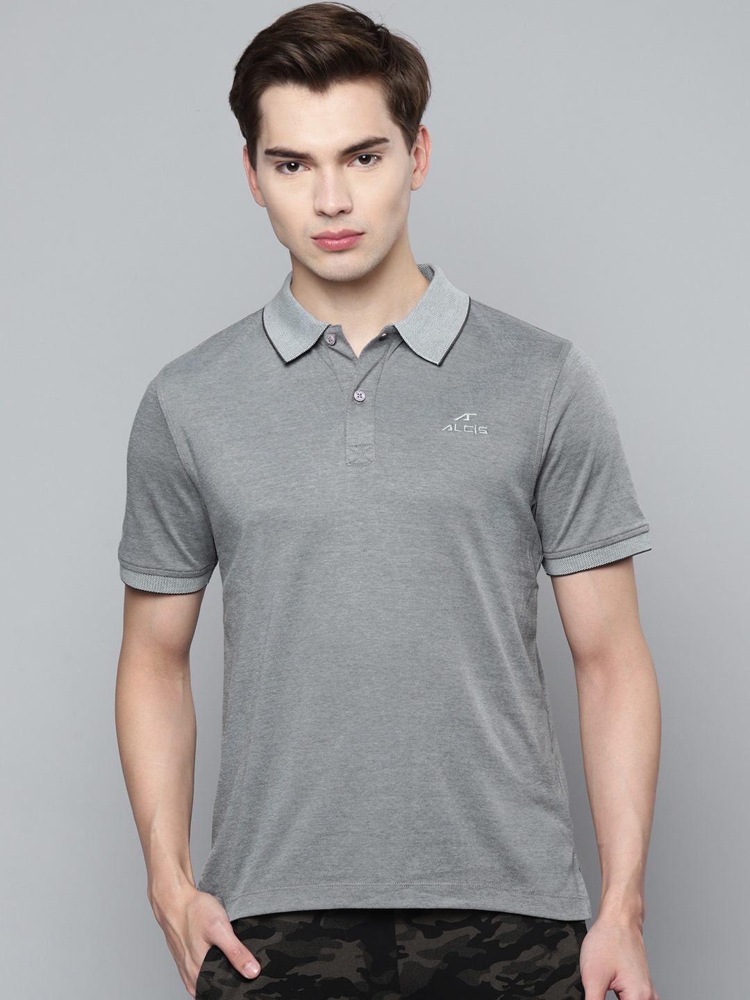 

Alcis Men Grey Melange Slim Fit Polo Collar T-shirt