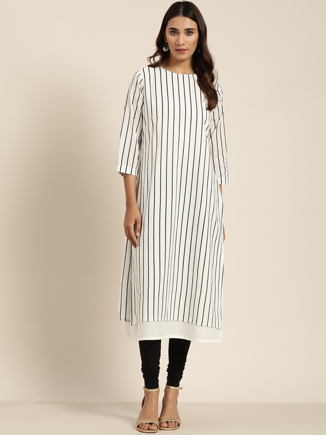 

Moda Rapido Women White & Black Pure Cotton Striped Styled Back Layered Straight Kurta