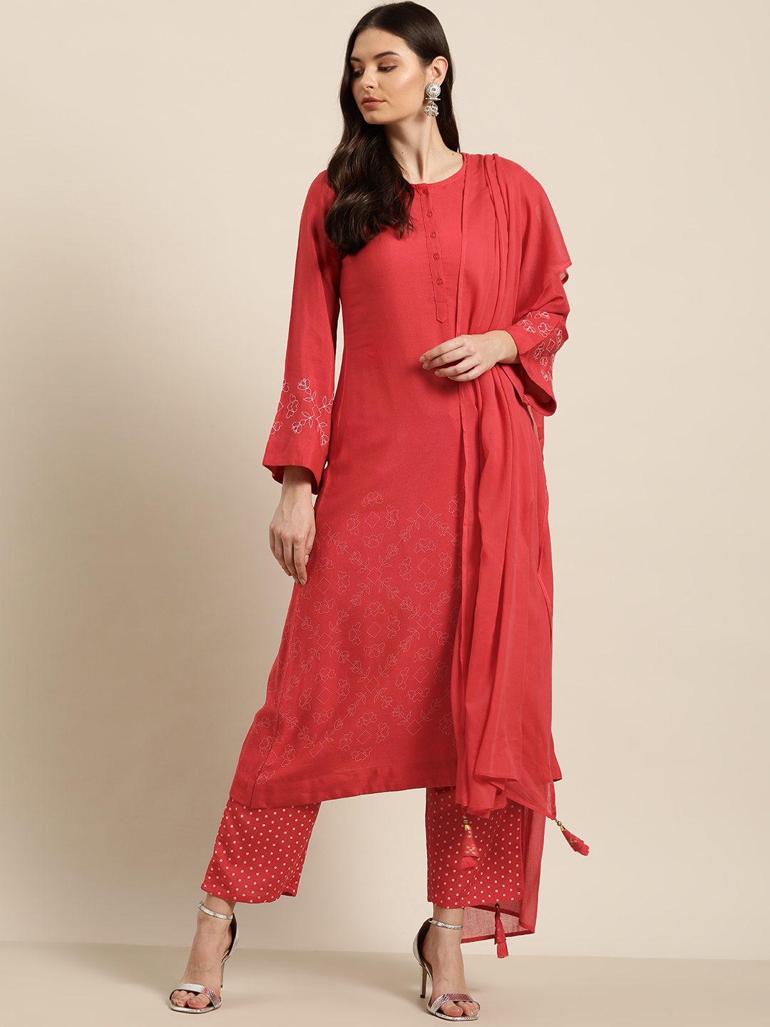 

Moda Rapido Women Red & White Solid Kurta with Trousers & Dupatta