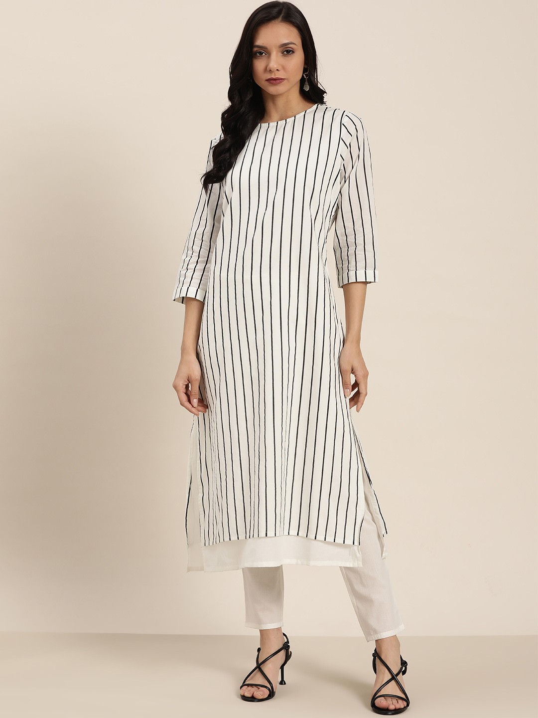 

Moda Rapido Women Off-White & Black Pure Cotton Layered Striped Kurta with Trousers