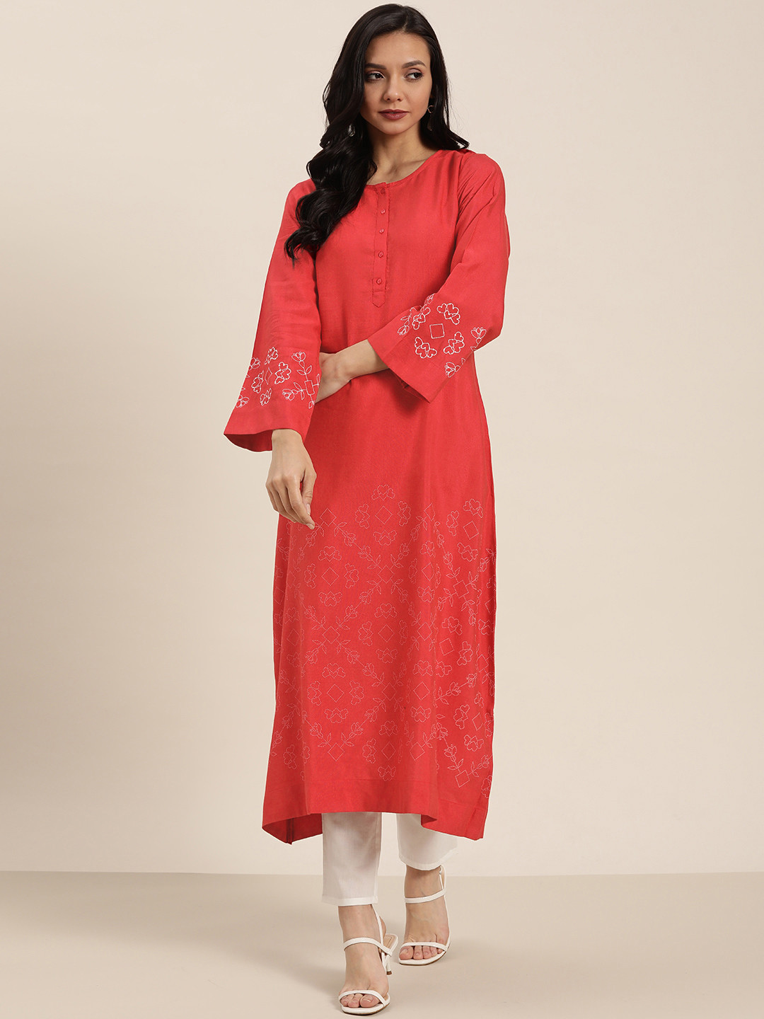 

Moda Rapido Women Coral Red Printed A-Line Kurta