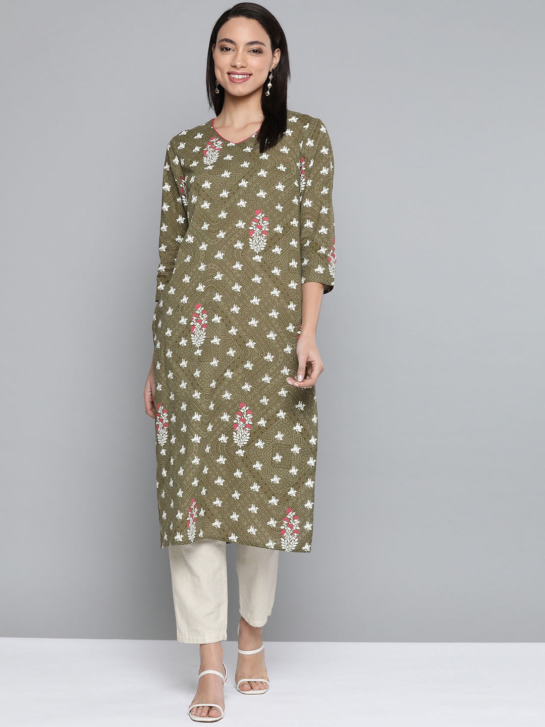 

HERE&NOW Women Olive Green & Off-White Cotton Printed Straight Kurta