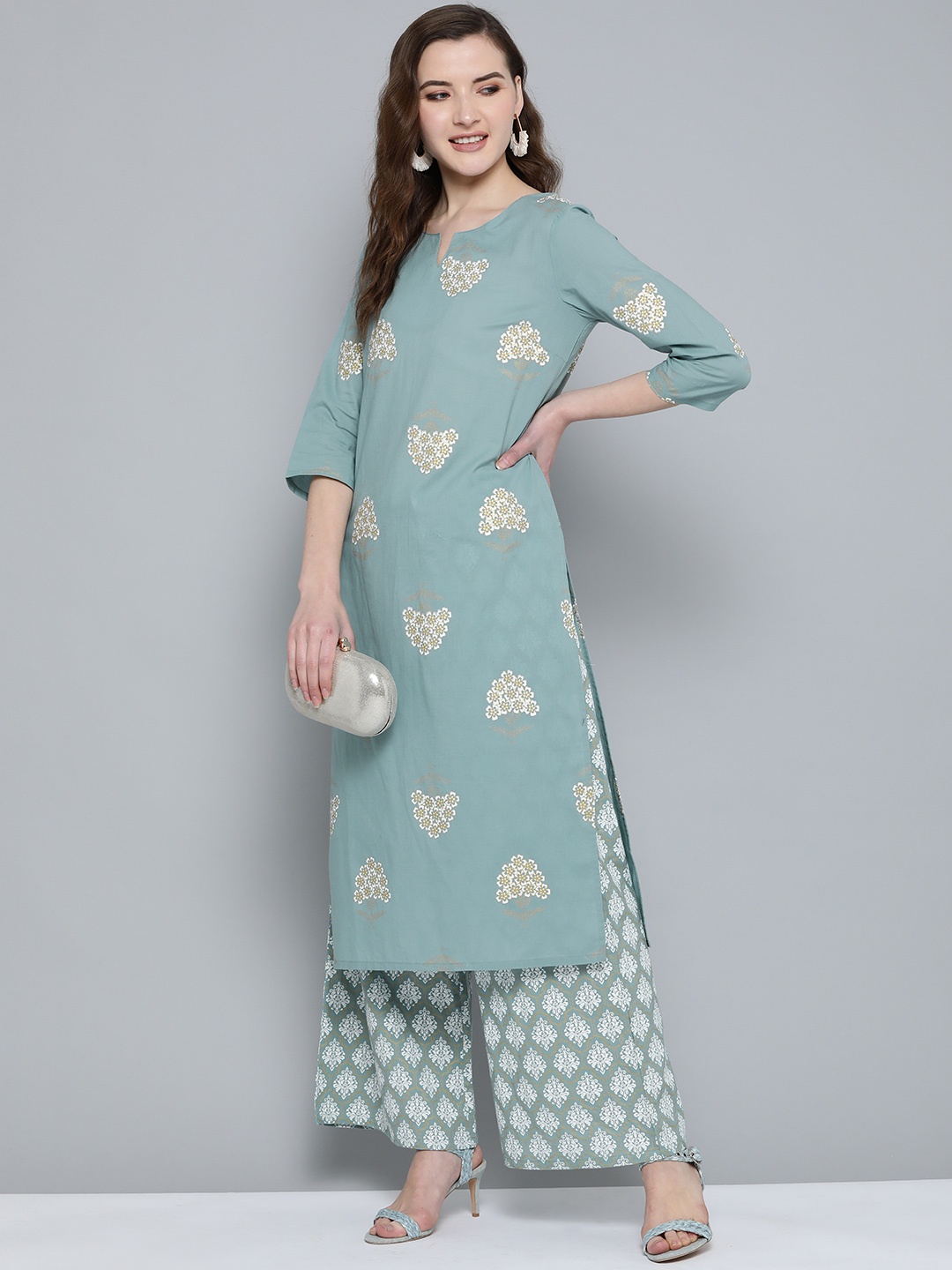 

HERE&NOW Women Green & White Printed Pure Cotton Kurta with Palazzos