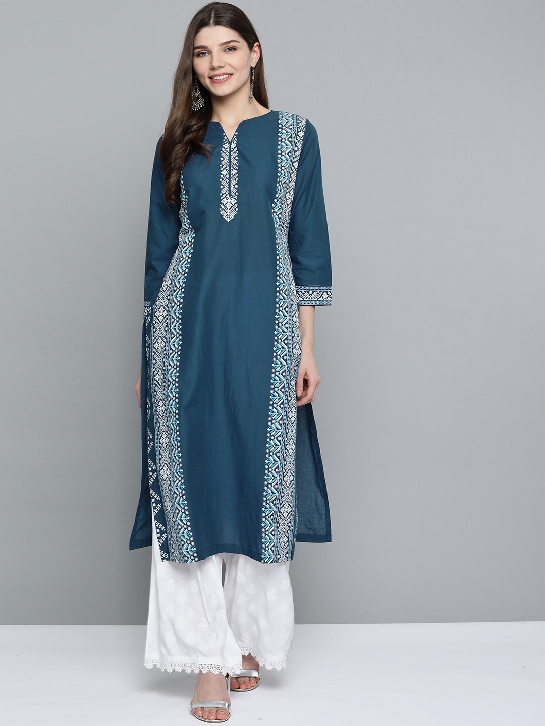 

HERE&NOW Women Navy Blue & White Pure Cotton Ethnic Motifs Printed Kurta