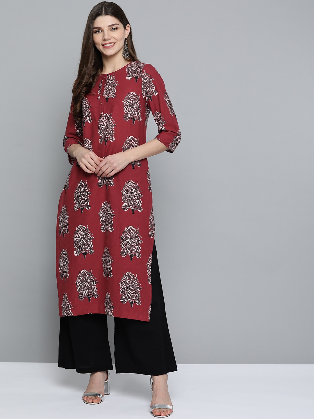

HERE&NOW Women Maroon & Black Ethnic Motifs Printed Pure Cotton Kurta