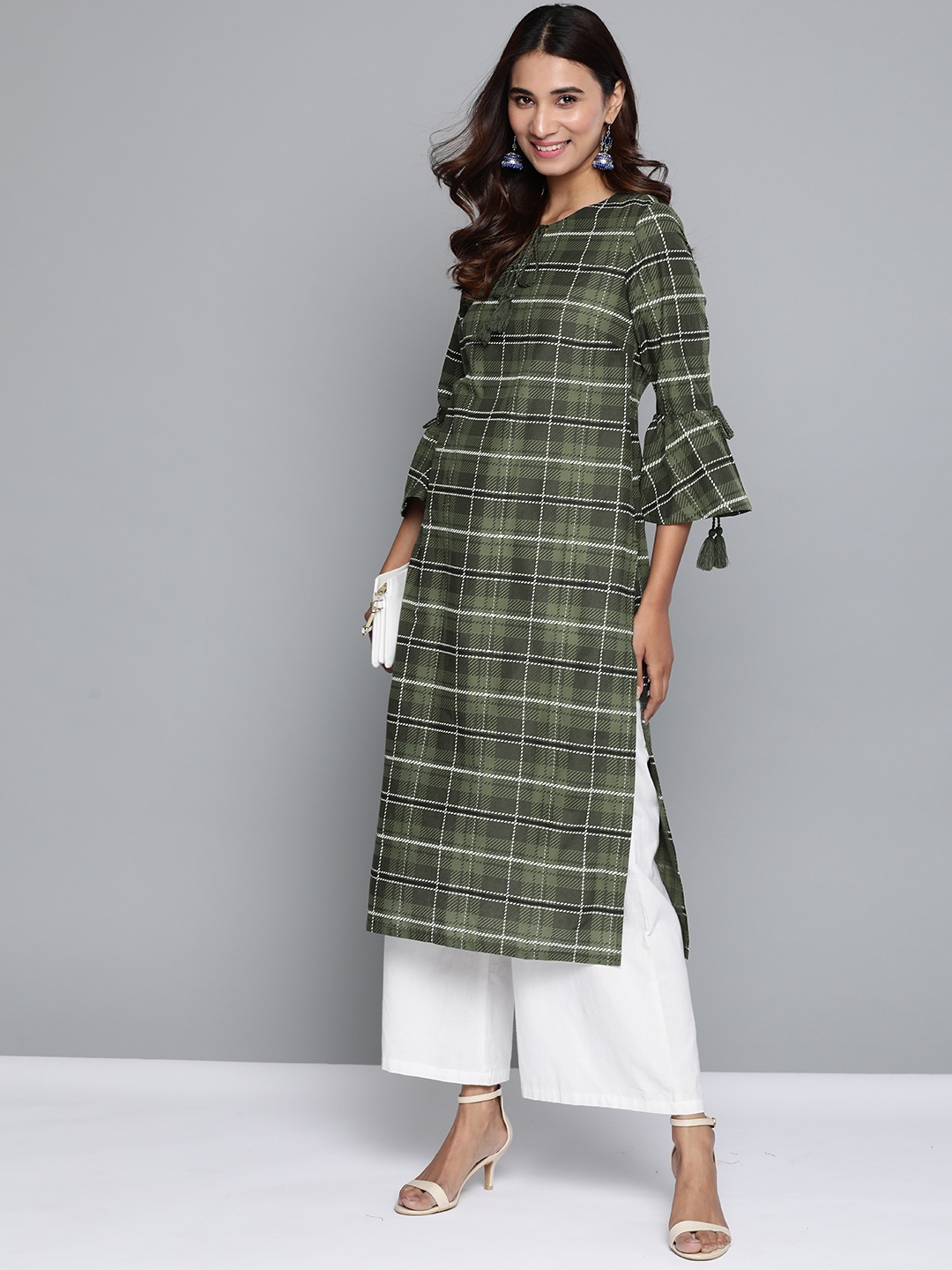 

HERE&NOW Women Green & White Checked Straight Kurta