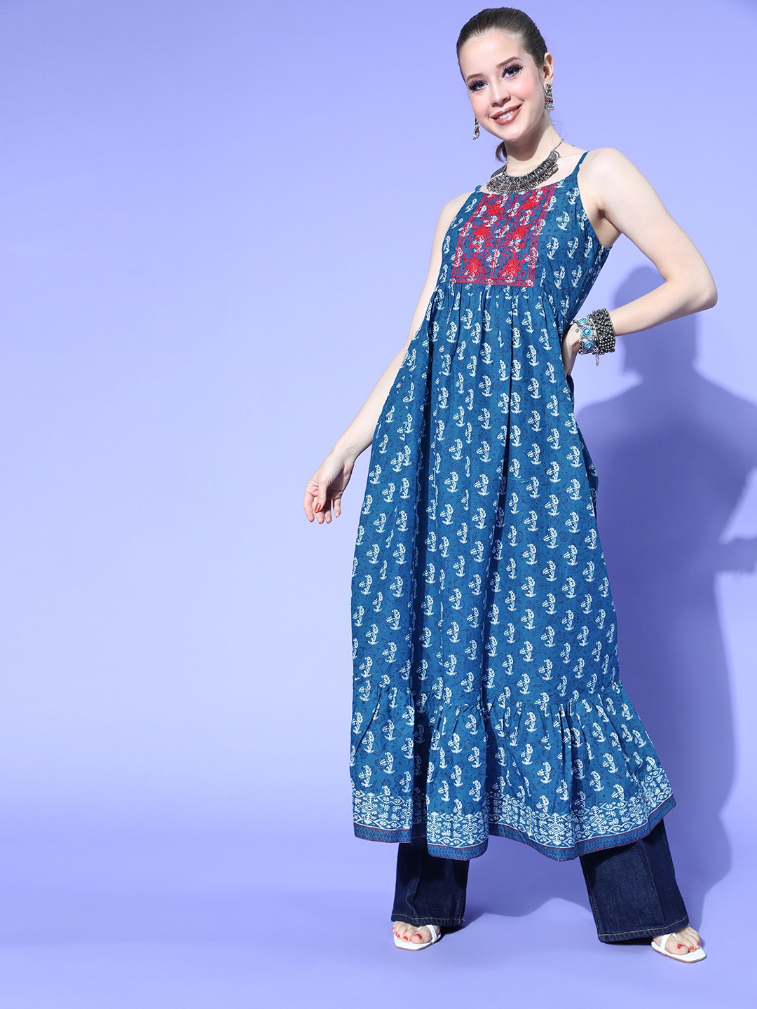 

HERE&NOW Women Navy Blue & White Printed Pure Cotton A-Line Kurta