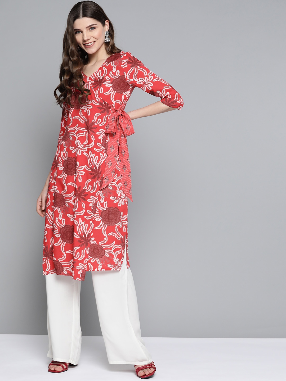 

HERE&NOW Women Pink & White Floral Print Kurta