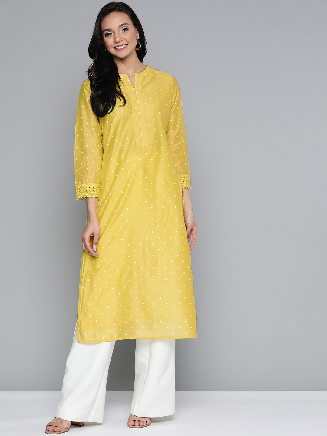 

HERE&NOW Women Lime Green & White Polka Dot Printed Straight Kurta