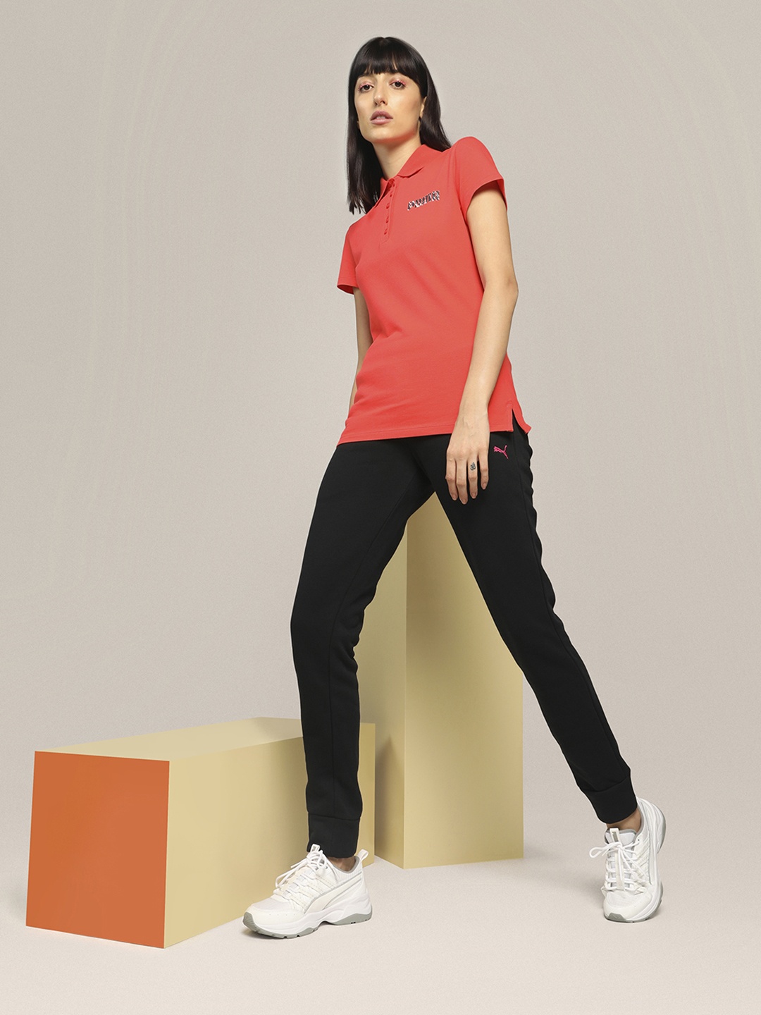Puma Women Coral Red Solid Polo Collar T-shirt