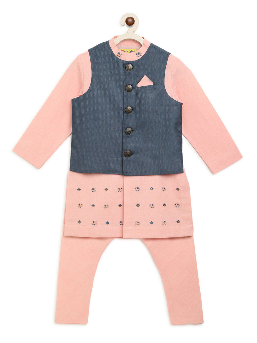 

Tiber Taber Boys Pink & Navy Blue Embroidered Kurta Set with Jacket