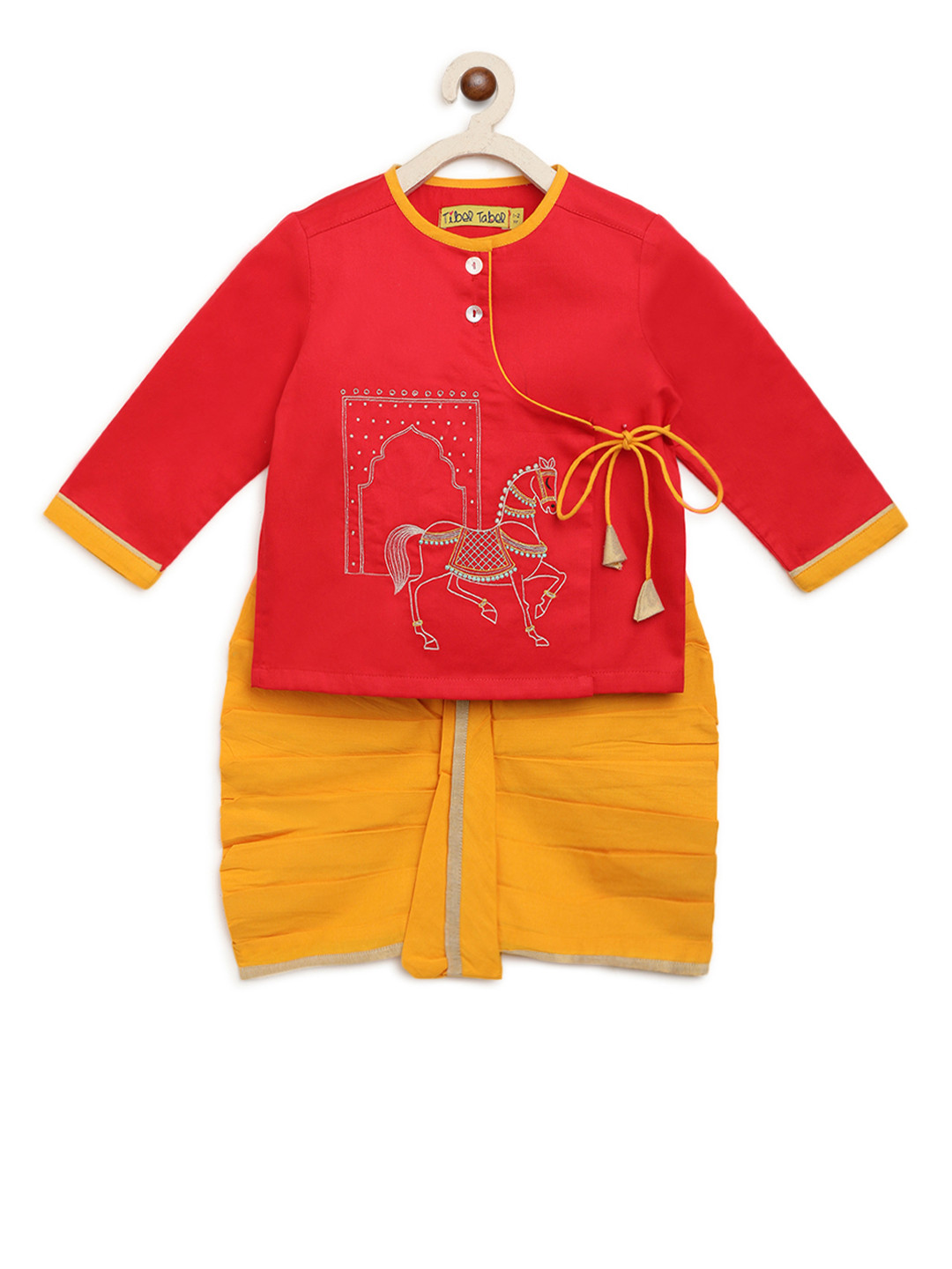 

Tiber Taber Boys Red & Orange Embroidered Kurta with Dhoti Pants
