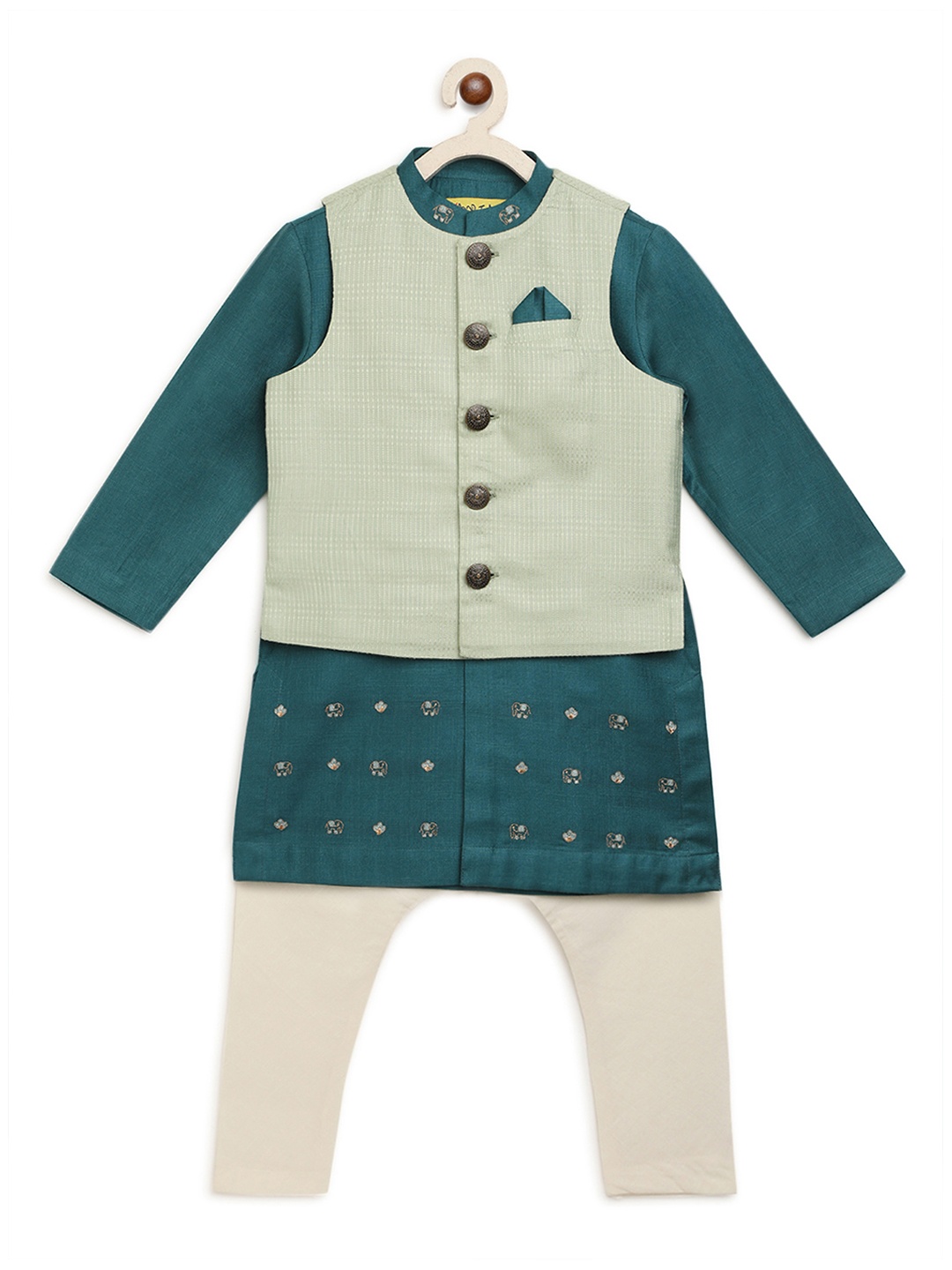 

Tiber Taber Boys Green & Beige Embroidered Kurta with Pyjamas